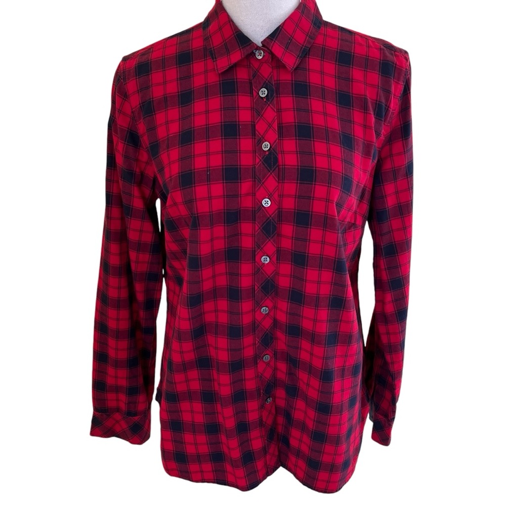 Talbots Red/Black Plaid Button Front Light Cotton Flannel Shirt M